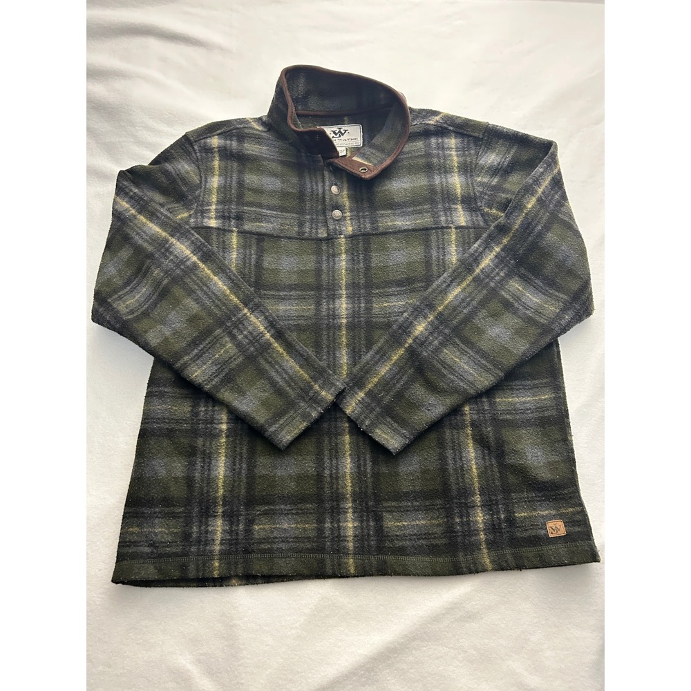 John Wayne Timeless Classic Mens Green Plaid Fleece Snap Mock Neck Pullover L